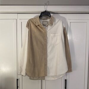 American Eagle Outfitters Two-Tone Corduroy Button-Up Shirt - Cream & Tan